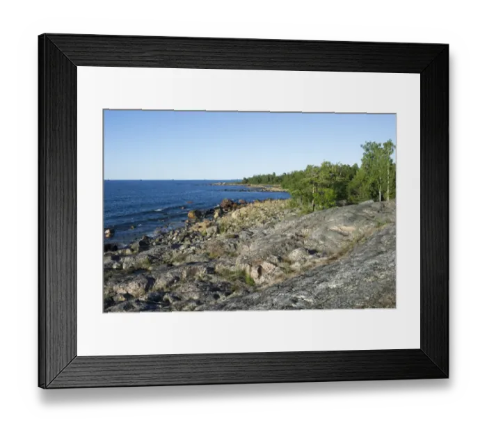 Framed Print : View of coastline with rock formations, Kallarberget, Baltic Sea, Sweden, july