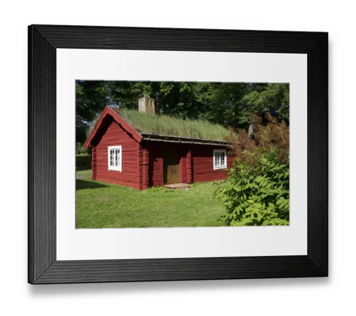 Framed Print : Red log cabin with turf roof, Sodermanland, Sweden, august Framed Print : Red log cabin with turf roof, Sodermanland, Sweden, august