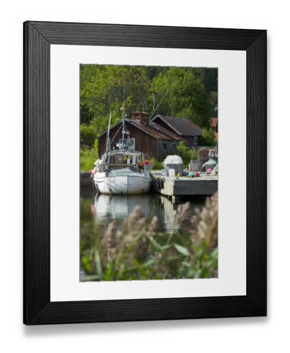 Framed Print : Fishing boat moored at jetty in fishing village, Bonan, Gastrikland, Norrland, Baltic Sea, Sweden, august Framed Print : Fishing boat moored at jetty in fishing village, Bonan, Gastrikland, Norrland, Baltic Sea, Sweden, august