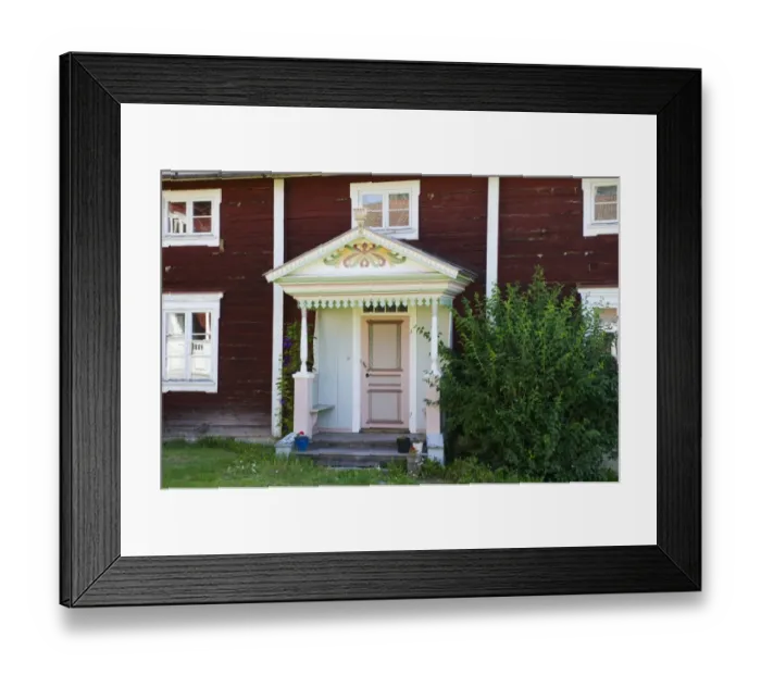Framed Print : Old Halsinge farmhouse door and porch, cultural heritage museum, Ol-Anders Farm, Alfta, Halsingland, Norrland, Sweden