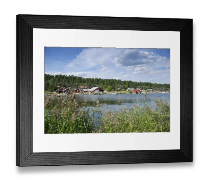Framed Print : View of fishing village with boathouses, Bonan, Gastrikland, Norrland, Baltic Sea, Sweden, august Framed Print : View of fishing village with boathouses, Bonan, Gastrikland, Norrland, Baltic Sea, Sweden, august