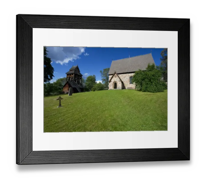 Framed Print : Medieval church and freestanding belltower, Trono Old Church, Halsingland, Norrland, Sweden, august Framed Print : Medieval church and freestanding belltower, Trono Old Church, Halsingland, Norrland, Sweden, august