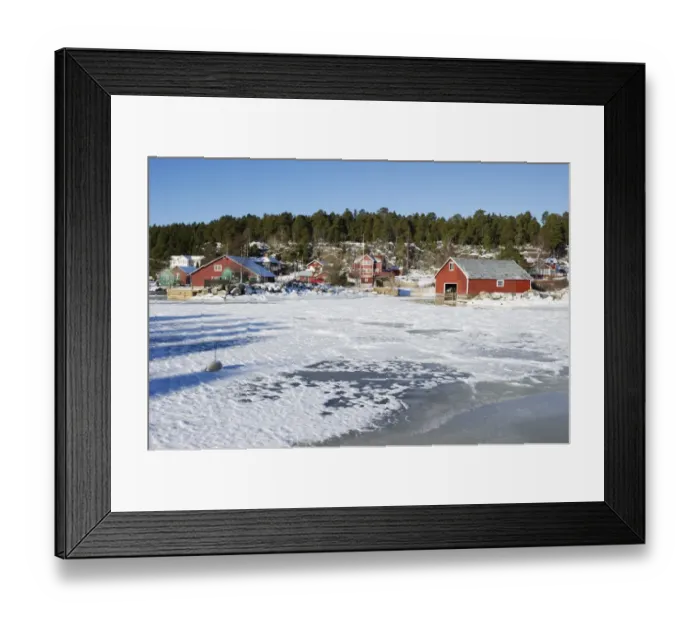 Framed Print : View of fishing village with boathouses in ice and snow, Bonan, Gastrikland, Norrland, Baltic Sea, Sweden, february Framed Print : View of fishing village with boathouses in ice and snow, Bonan, Gastrikland, Norrland, Baltic Sea, Sweden, february