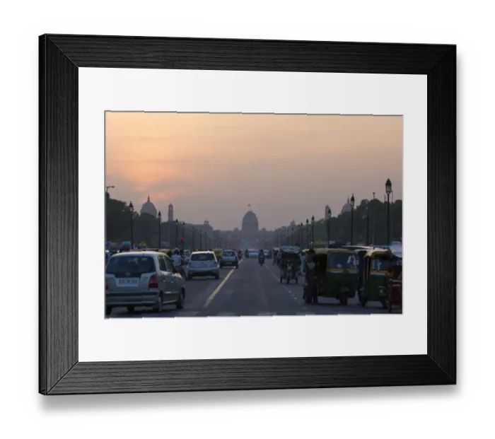 Framed Print : View of road with traffic and government buildings at dusk, New Delhi, Delhi, India, March Framed Print : View of road with traffic and government buildings at dusk, New Delhi, Delhi, India, March