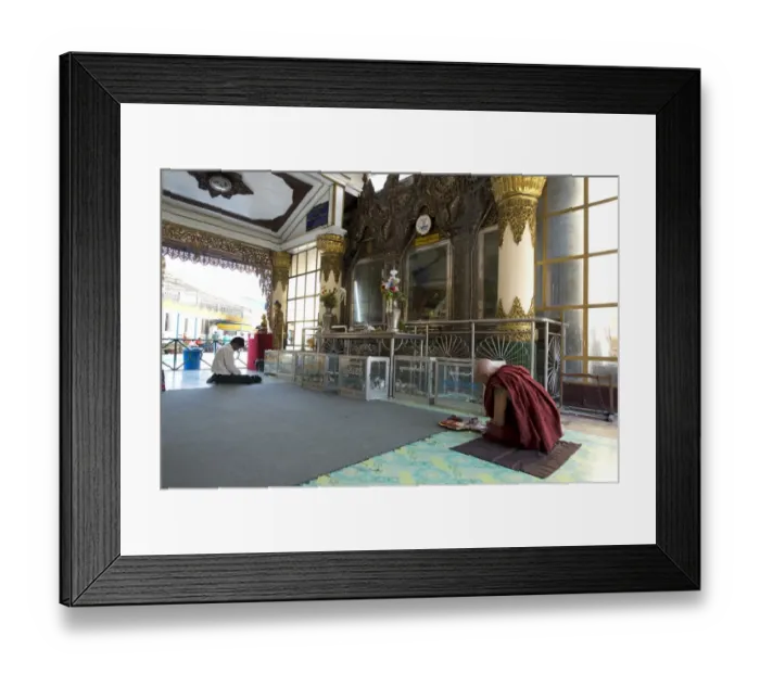 Framed Print : Monk with tattoo, praying in temple, Yangon, Myanmar, March Framed Print : Monk with tattoo, praying in temple, Yangon, Myanmar, March