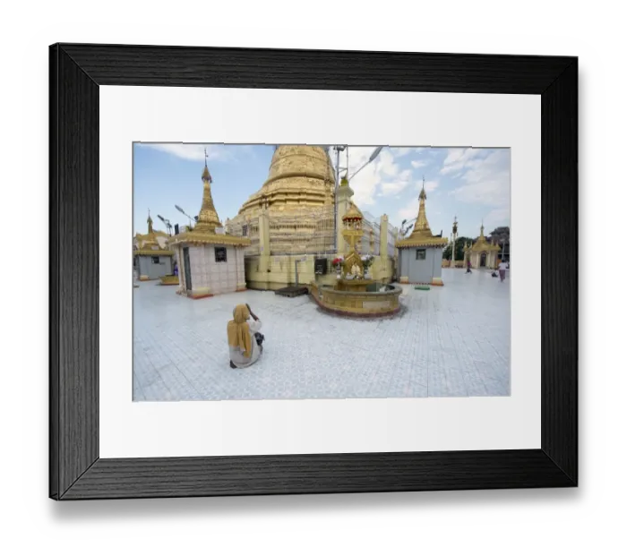 Framed Print : Old woman sitting and praying in front of stupa, Botahtaung Pagoda (Buddhas First Sacred Hair Relic Pagoda), Yangon