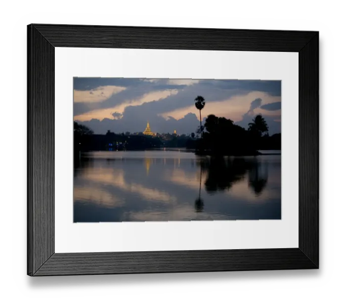 Framed Print : View of Shwedagon Pagoda across lake at sunset, Kandawgyi Lake, Yangon, Myanmar, March Framed Print : View of Shwedagon Pagoda across lake at sunset, Kandawgyi Lake, Yangon, Myanmar, March