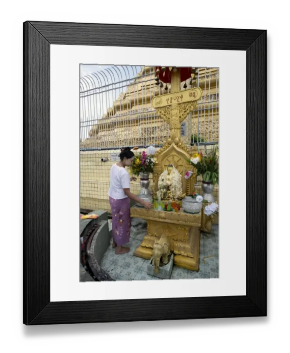 Framed Print : Woman beside altar in front of stupa, Botahtaung Pagoda (Buddhas First Sacred Hair Relic Pagoda), Yangon, Myanmar Framed Print : Woman beside altar in front of stupa, Botahtaung Pagoda (Buddhas First Sacred Hair Relic Pagoda), Yangon, Myanmar