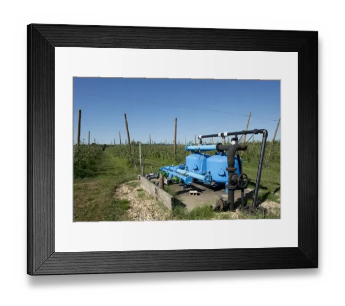 Framed Print : Irrigation and fertigation pump for cordon apple trees at Sainte-Foy-la-Grande, France Framed Print : Irrigation and fertigation pump for cordon apple trees at Sainte-Foy-la-Grande, France