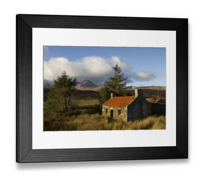 Framed Print : Derelict Scottish bothy at Knockrome on the Isle of Jura, looking towards the Paps Framed Print : Derelict Scottish bothy at Knockrome on the Isle of Jura, looking towards the Paps
