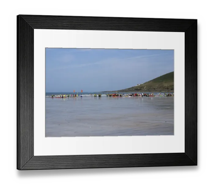 Framed Print : The north end of Saunton Sands beach at low tide with a surfing class Framed Print : The north end of Saunton Sands beach at low tide with a surfing class