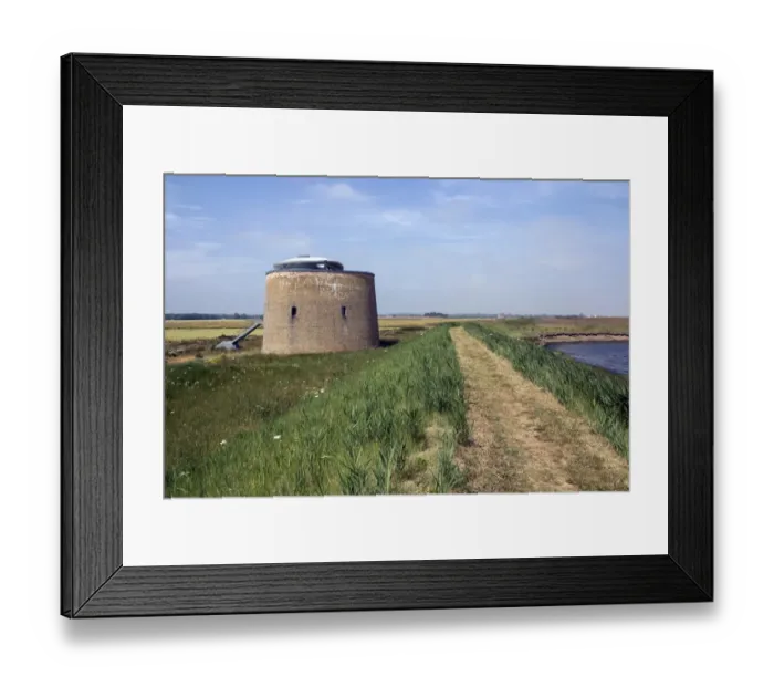 Framed Print : Foot path on sea wall looking towards Hollesley with Martellow Tower X -Suffolk