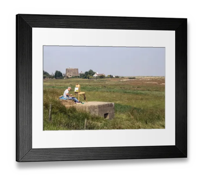 Framed Print : Artist sitting on World War 2 pill box looking over Oxley marsh at Shingle Street, Suffolk Framed Print : Artist sitting on World War 2 pill box looking over Oxley marsh at Shingle Street, Suffolk