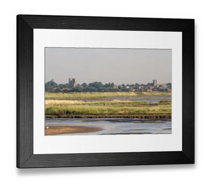 Framed Print : Looking over Havergate Island Marsh towards Orford, which shows the castle and church. - Suffolk Framed Print : Looking over Havergate Island Marsh towards Orford, which shows the castle and church. - Suffolk