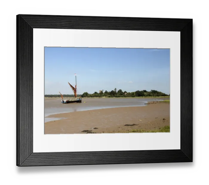 Framed Print : St Botolphs Church Iken, Suffolk, On the River Alde with a Thames Sailing Barge the Dinah, Built in Rochester in 1887