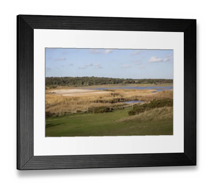 Framed Print : Looking north west from The Sluice over the Scrape at RSPB Minsmere Suffolk. Left is Wildlife Lookout hide