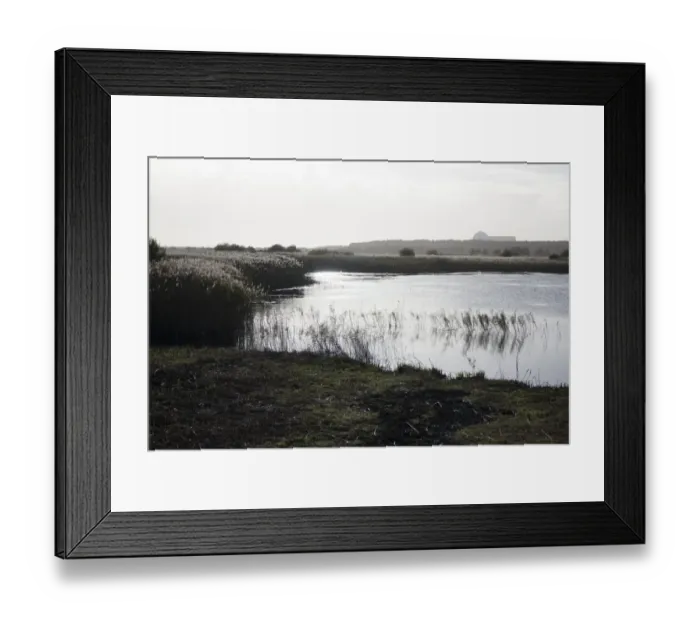 Framed Print : RSPB Minsmere looking south from Island Mere Hide towards Sizewell nuclear power station