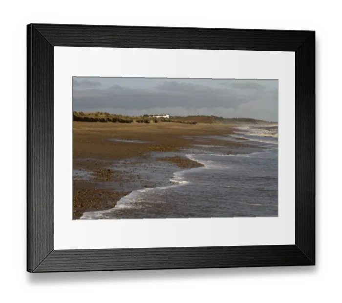 Framed Print : Low tide on Minsmere Beach, looking towards Dunwich and the coast guard cottages - Suffolk Framed Print : Low tide on Minsmere Beach, looking towards Dunwich and the coast guard cottages - Suffolk