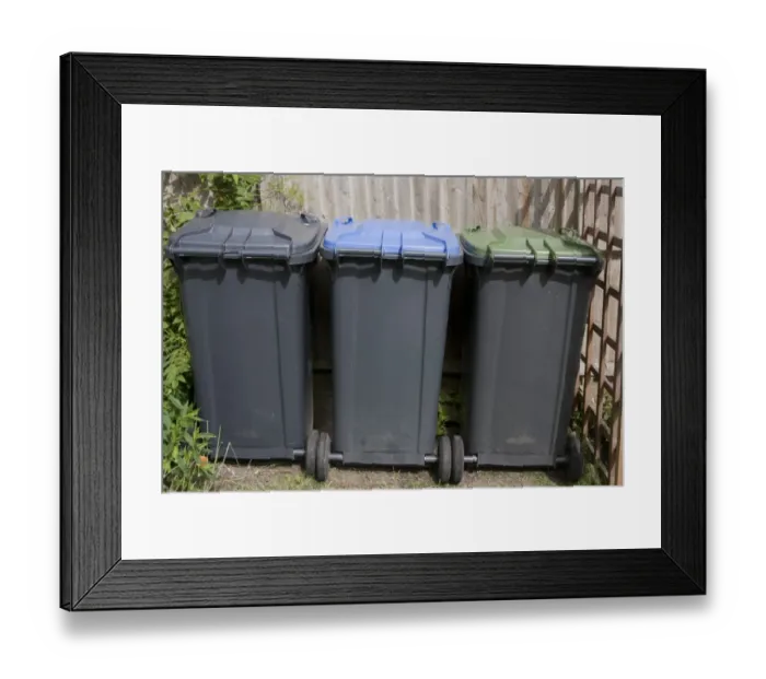 Framed Print : Domestic rubbish bins dividing general, recycling and garden refuse, England, June Framed Print : Domestic rubbish bins dividing general, recycling and garden refuse, England, June