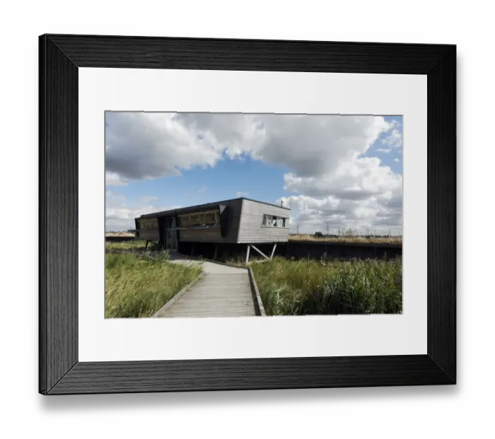 Framed Print : View of boardwalk and birdwatching hide in marshland, Rainham Marshes RSPB Reserve, Thames Estuary, Essex, England Framed Print : View of boardwalk and birdwatching hide in marshland, Rainham Marshes RSPB Reserve, Thames Estuary, Essex, England
