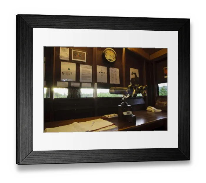 Framed Print : Interior of forward hide where volunteers and staff monitor ospreys, showing huge binoculars taken from German U-boat Framed Print : Interior of forward hide where volunteers and staff monitor ospreys, showing huge binoculars taken from German U-boat