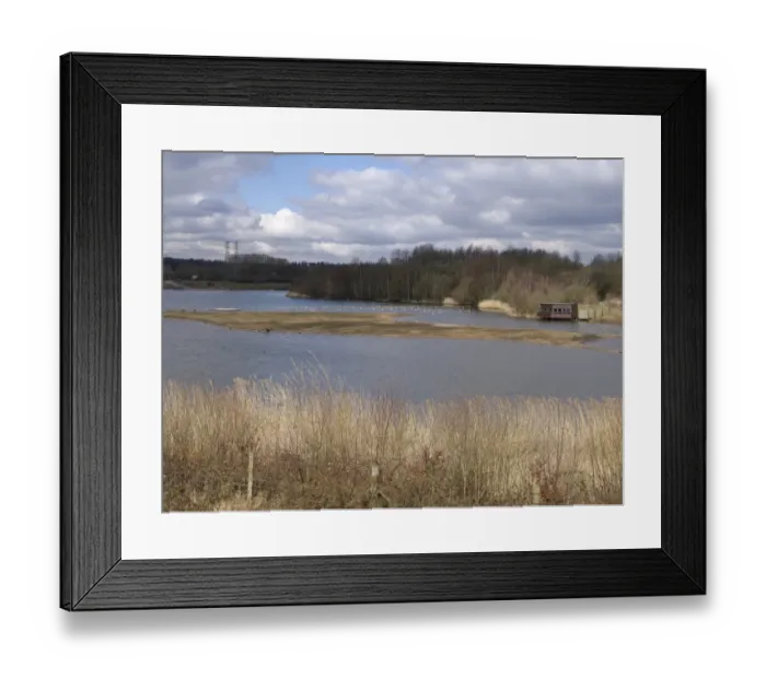 Framed Print : View of freshwater lake habitat with birdwatching hide, Forge Mill Lake, Sandwell Valley RSPB Reserve, West Midlands