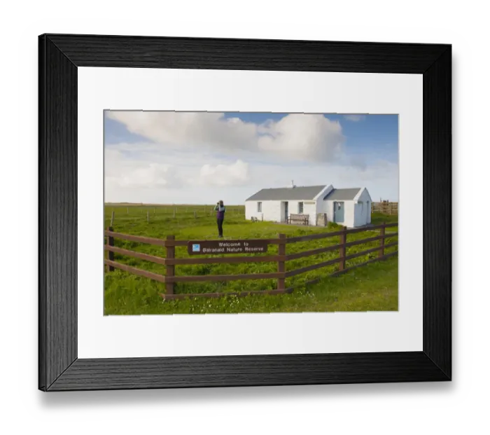 Framed Print : Birdwatcher beside visitor centre in coastal farmland, Balranald RSPB Reserve, North Uist, Outer Hebrides, Scotland Framed Print : Birdwatcher beside visitor centre in coastal farmland, Balranald RSPB Reserve, North Uist, Outer Hebrides, Scotland