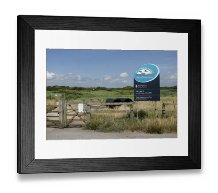 Framed Print : View of entrance gate and sign at wetland reserve, Titchfield Haven National Nature Reserve, Hampshire, England, August Framed Print : View of entrance gate and sign at wetland reserve, Titchfield Haven National Nature Reserve, Hampshire, England, August