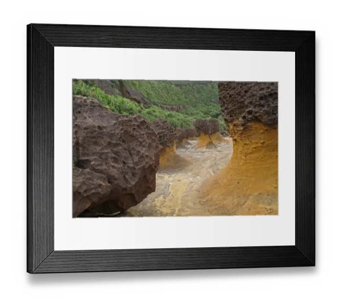 Framed Print : Mushroom Rock formations with honeycombed top, eroded coastal rocks on wave-cut platform, Yehliu Geopark