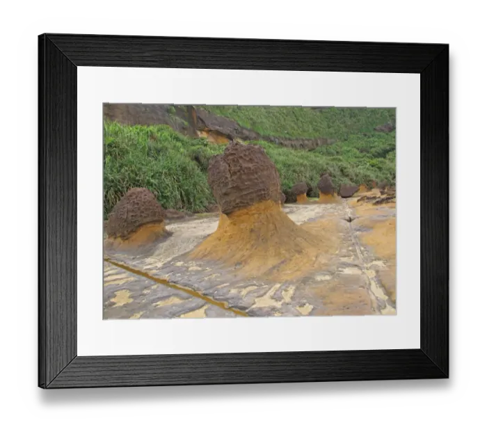 Framed Print : Mushroom Rock formations with honeycombed top, eroded coastal rocks on wave-cut platform, Yehliu Geopark Framed Print : Mushroom Rock formations with honeycombed top, eroded coastal rocks on wave-cut platform, Yehliu Geopark