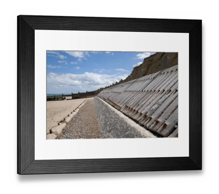 Framed Print : Concrete and timber sea defences on beach, West Runton, Norfolk, England, August Framed Print : Concrete and timber sea defences on beach, West Runton, Norfolk, England, August