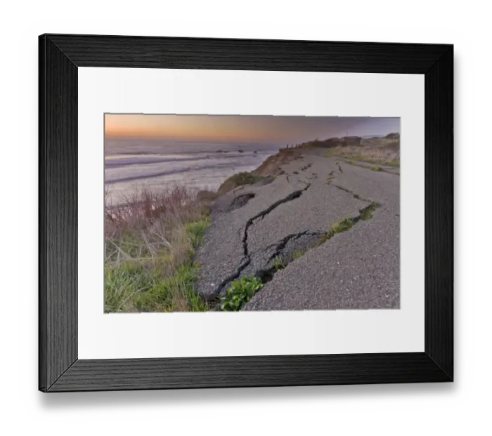 Framed Print : Erosion of sea cliffs with damaged road, Route 1, Westport, North California, U. S. A. February