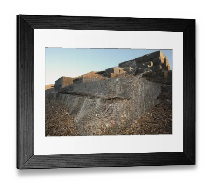 Framed Print : Storm damage to shingle filled wire gabions on beach, Chesil Beach, Dorset, England, January Framed Print : Storm damage to shingle filled wire gabions on beach, Chesil Beach, Dorset, England, January