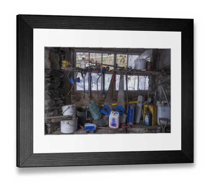 Framed Print : Tools and containers inside stone barn on farm, Braesteads Farm, Grisedale, Lake District, Cumbria, England, January Framed Print : Tools and containers inside stone barn on farm, Braesteads Farm, Grisedale, Lake District, Cumbria, England, January