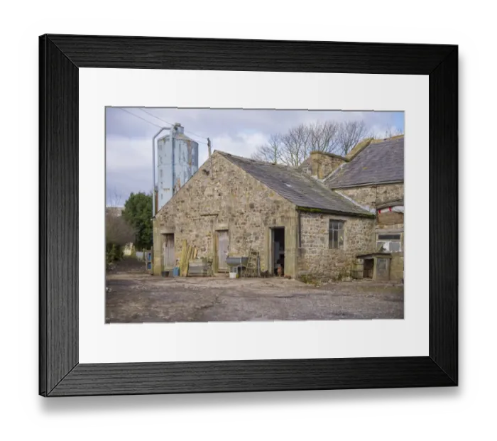 Framed Print : Farmyard with stone buildings and metal feed bin, Chipping, Lancashire, England, February Framed Print : Farmyard with stone buildings and metal feed bin, Chipping, Lancashire, England, February