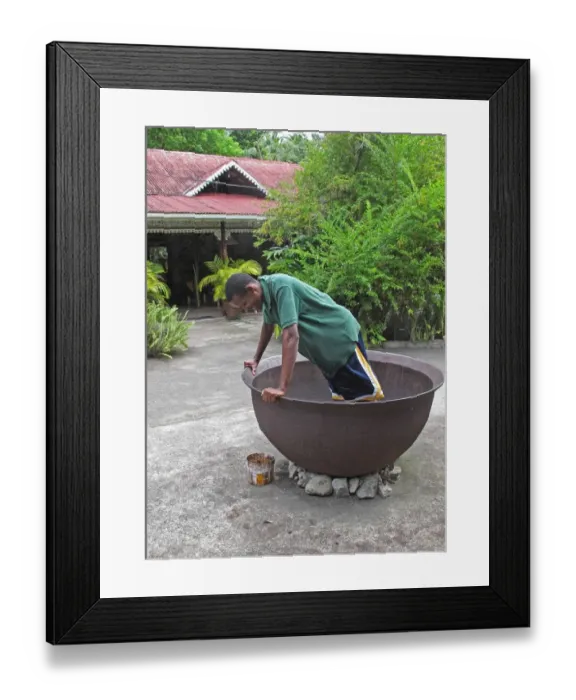 Framed Print : Cocoa (Theobroma cacao) crop, beans in large bowl being coating in cocoa dance by worker, Fond Doux Plantation, St Framed Print : Cocoa (Theobroma cacao) crop, beans in large bowl being coating in cocoa dance by worker, Fond Doux Plantation, St