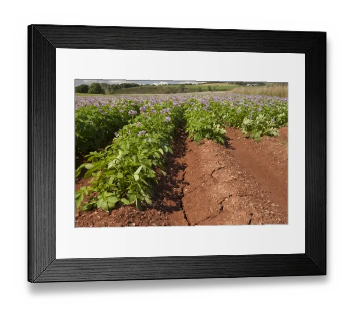 Framed Print : Potato (Solanum tuberosum) crop, flowering in field, with cracks in soil due to dry weather, Aberdeenshire, Scotland Framed Print : Potato (Solanum tuberosum) crop, flowering in field, with cracks in soil due to dry weather, Aberdeenshire, Scotland