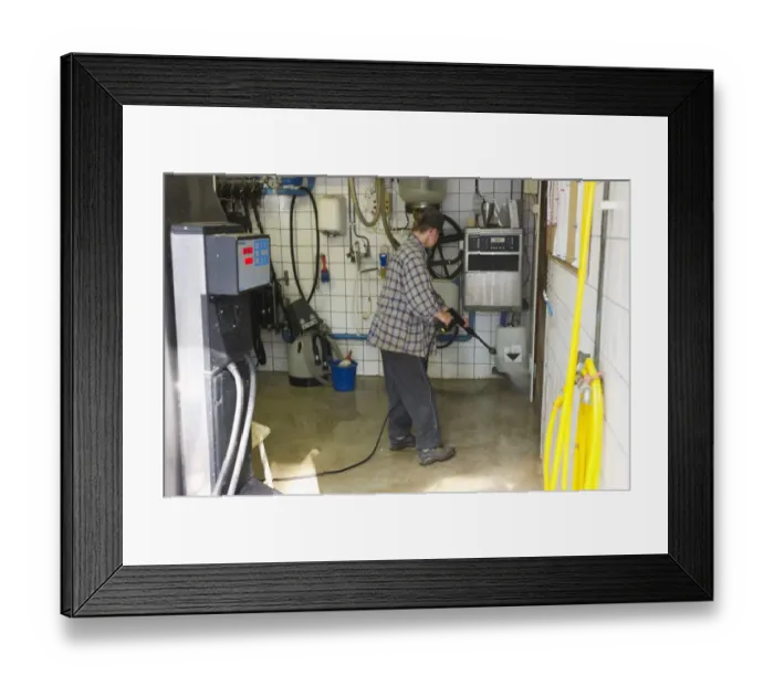 Framed Print : Dairy farmer cleaning milking parlour with pressure washer after morning milking, Tierp, Sweden, july Framed Print : Dairy farmer cleaning milking parlour with pressure washer after morning milking, Tierp, Sweden, july