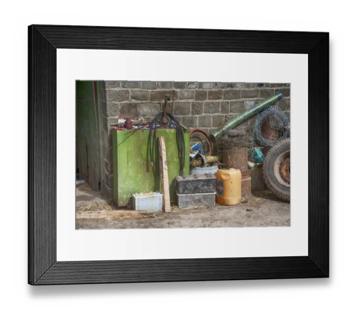 Framed Print : Scrap metal and batteries on farm, Barton, Lancashire, England, March Framed Print : Scrap metal and batteries on farm, Barton, Lancashire, England, March