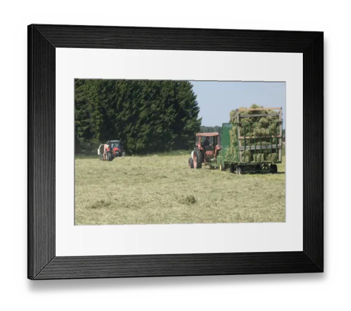 Framed Print : Tractor baling hay crop, pulling baler and wagon, Sweden