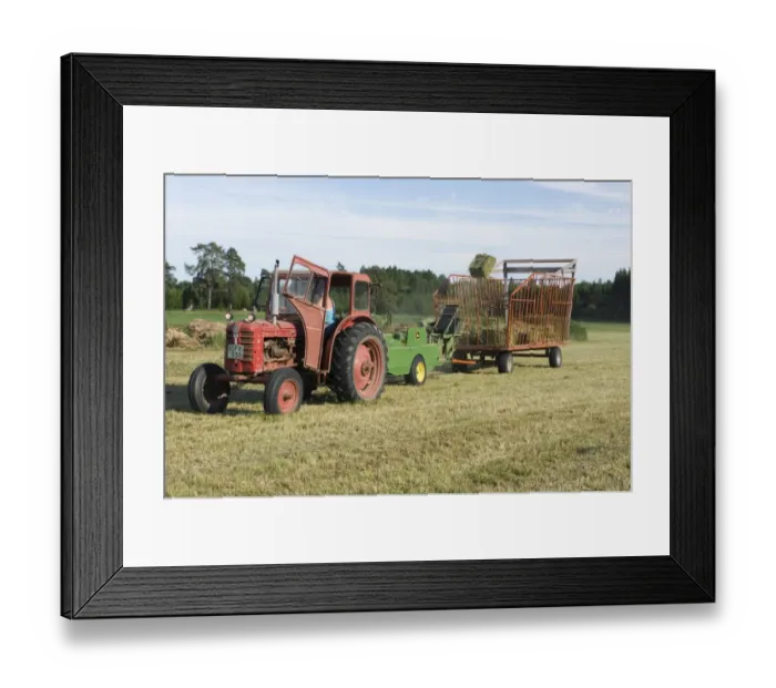 Framed Print : Tractor baling hay crop, baler tossing small bales into wagon, Sweden