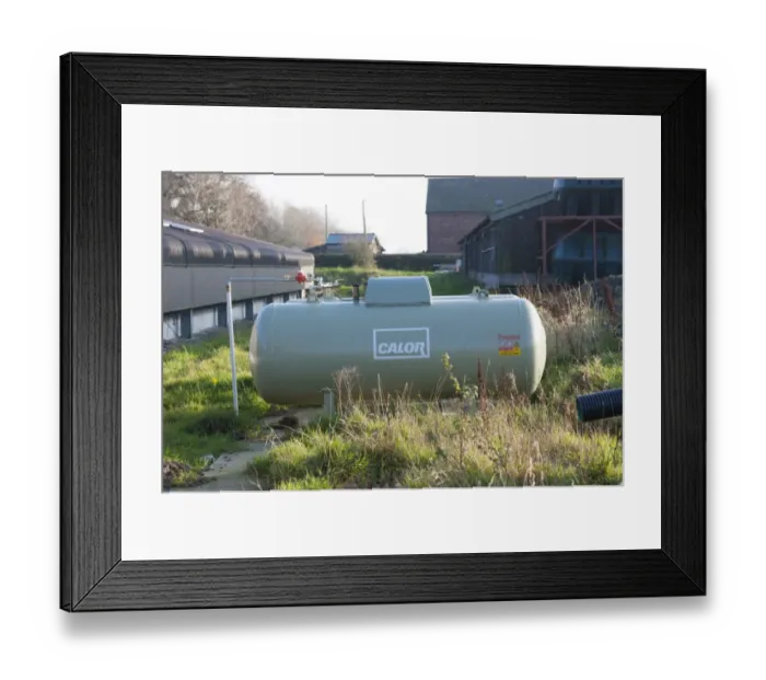 Framed Print : Chicken farming, Calor propane gas tank outside poultry unit, Lancashire, England, November