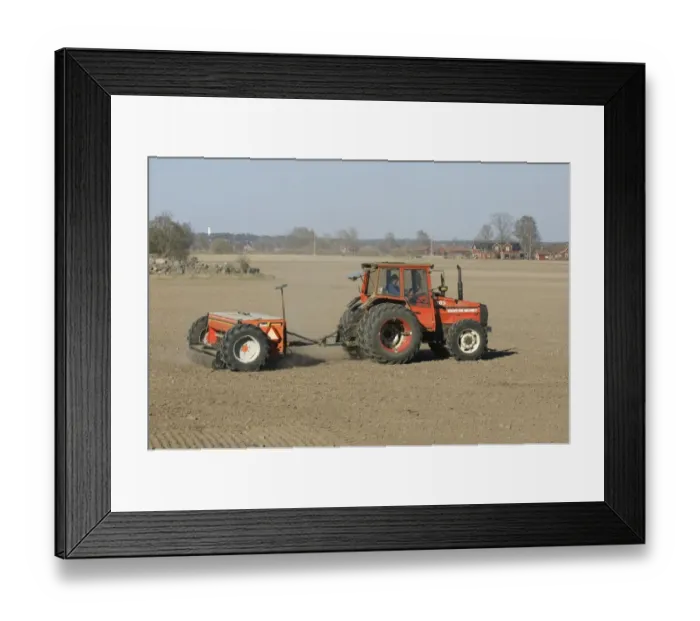 Framed Print : Volvo BM Valmet 705 tractor pulling Tume HKL-4000 seed drill, drilling field, Sweden, spring