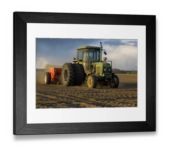 Framed Print : John Deere 2140 tractor pulling Tume seed drill, drilling arable field, Sweden Framed Print : John Deere 2140 tractor pulling Tume seed drill, drilling arable field, Sweden