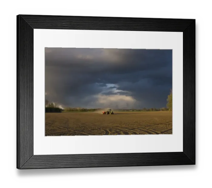 Framed Print : Tractor drilling arable field, with approaching storm clouds, Sweden