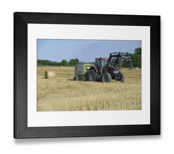 Framed Print : Case MX120 tractor with Trima loader and Cls round baler, baling straw in stubble field, Sweden, august