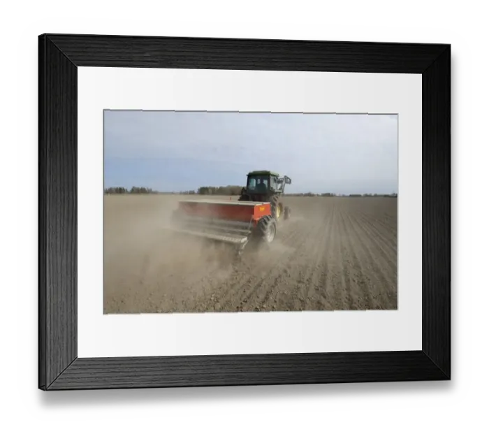 Framed Print : John Deere 2140 tractor with Tume seed drill, sowing arable crop in dusty field, Sweden, may Framed Print : John Deere 2140 tractor with Tume seed drill, sowing arable crop in dusty field, Sweden, may