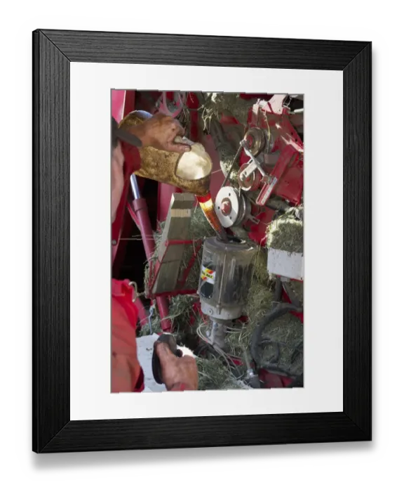 Framed Print : Farmer pouring grease into round baler, Sweden, july