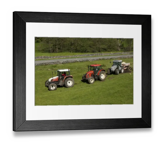 Framed Print : Tractors linked together pulling out tractor and limespreader stuck in field, Cumbria, England, May Framed Print : Tractors linked together pulling out tractor and limespreader stuck in field, Cumbria, England, May