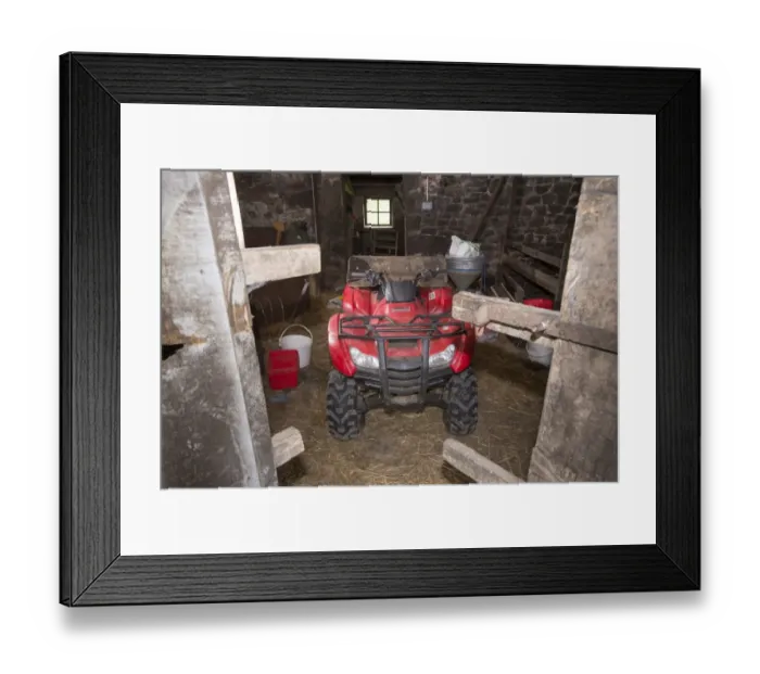 Framed Print : Honda quadbike inside farm barn, Chipping, Lancashire, England, August Framed Print : Honda quadbike inside farm barn, Chipping, Lancashire, England, August